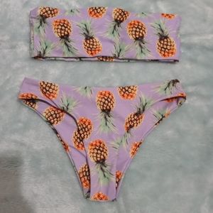 Zaful Strapless 2 piece purple bathing suit with pineapples